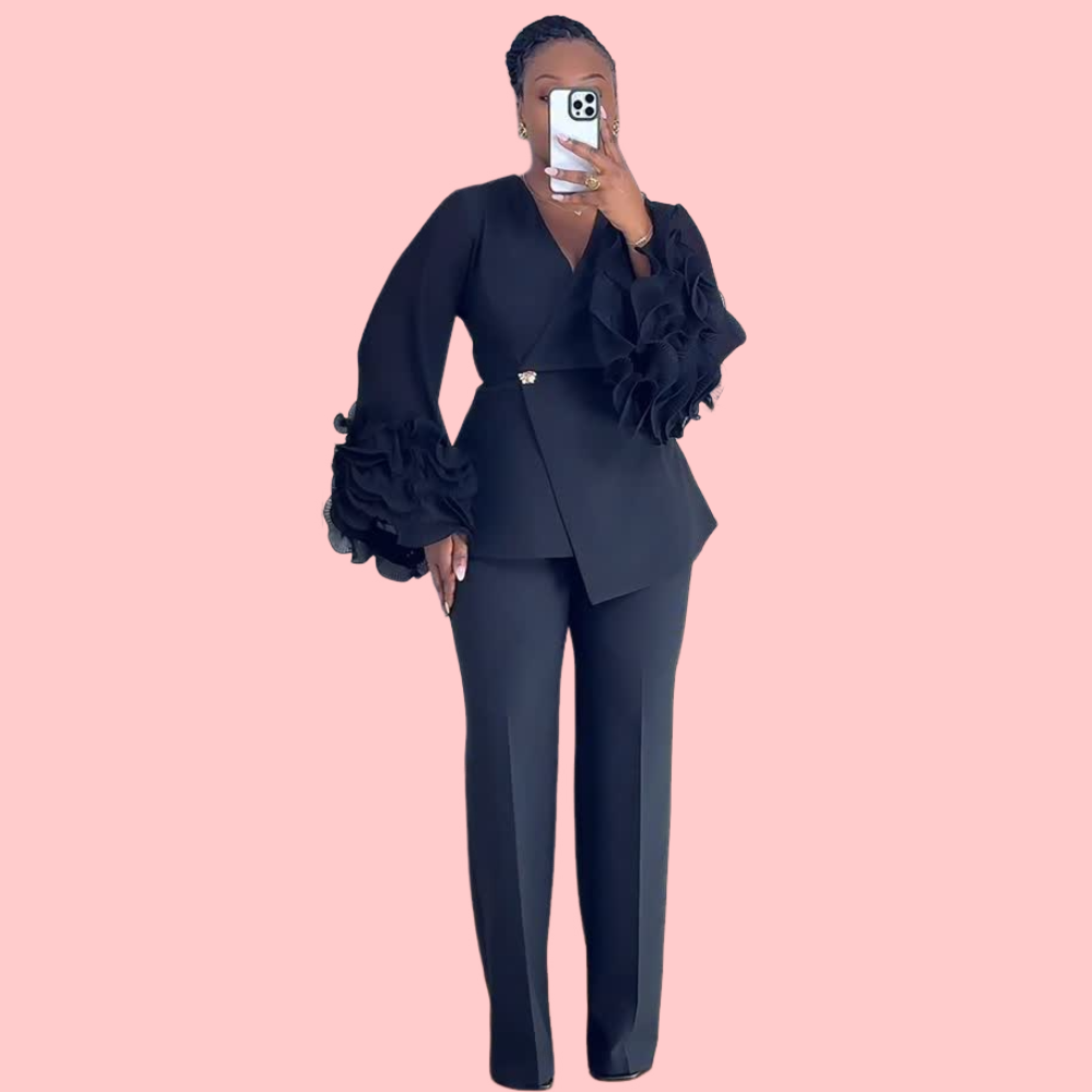 Pleated Sleeve Patchwork Blazer & Wide-Leg Pants Set