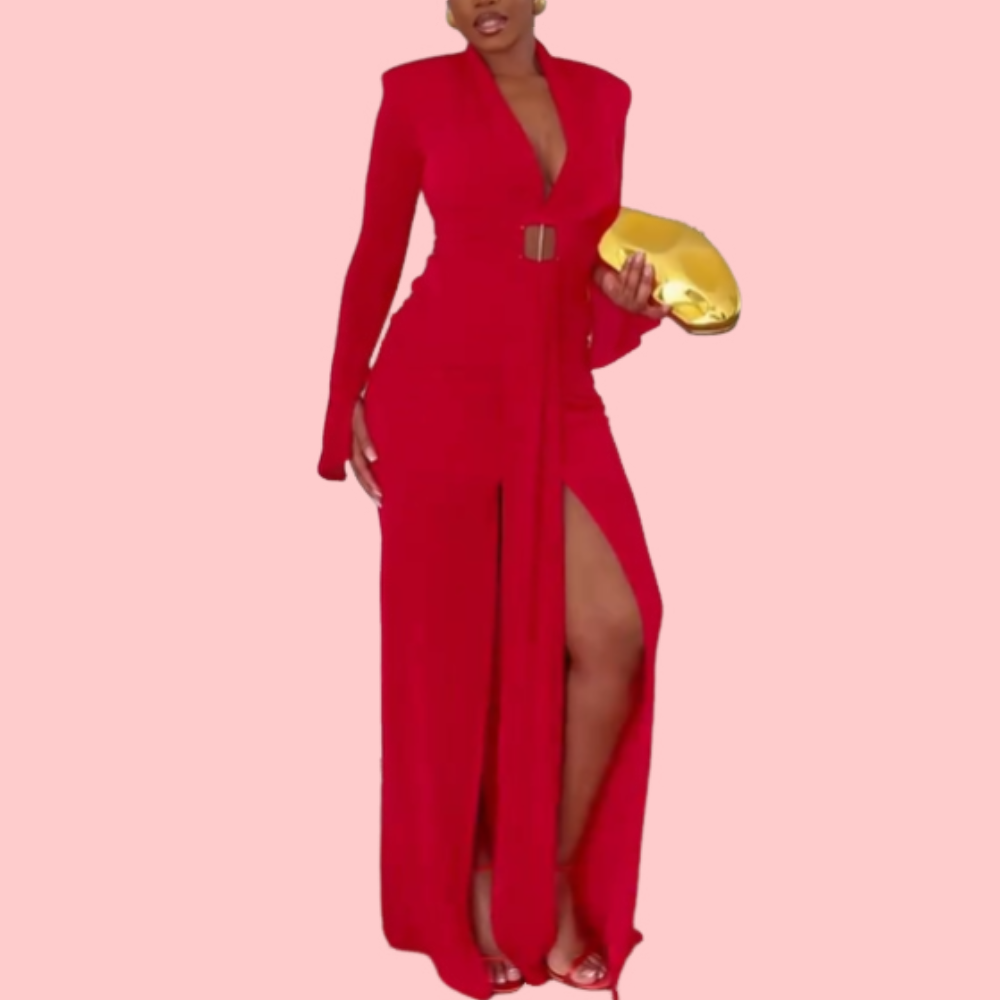 Red V-Neck Flowy Ribbon-Trimmed Maxi Dress
