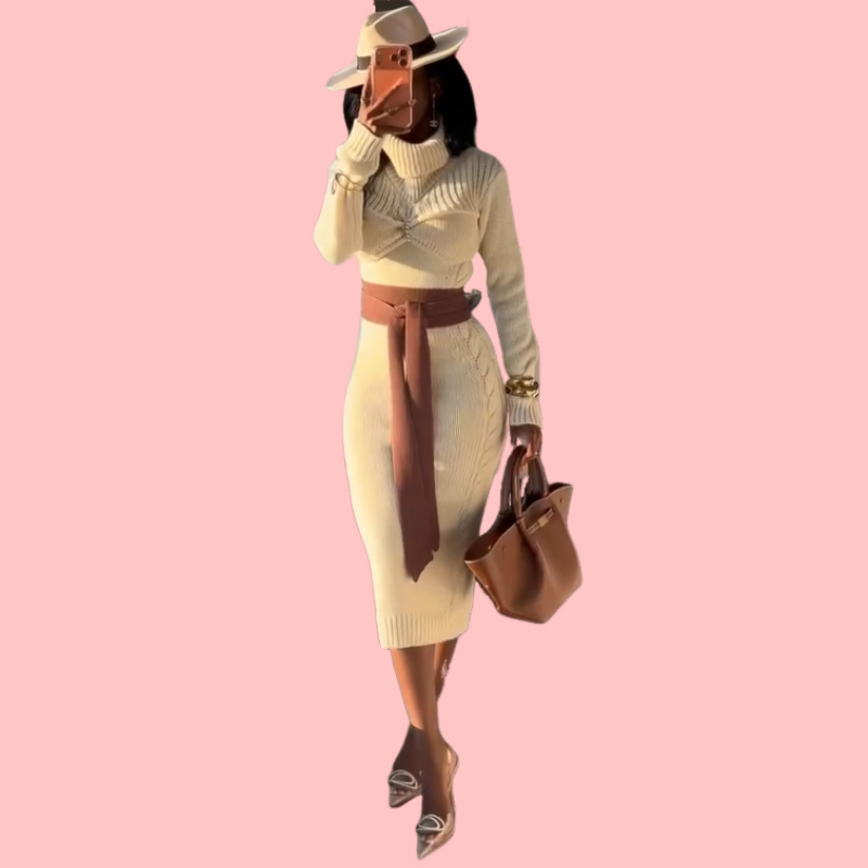 White High-Neck Knit Maxi Dress