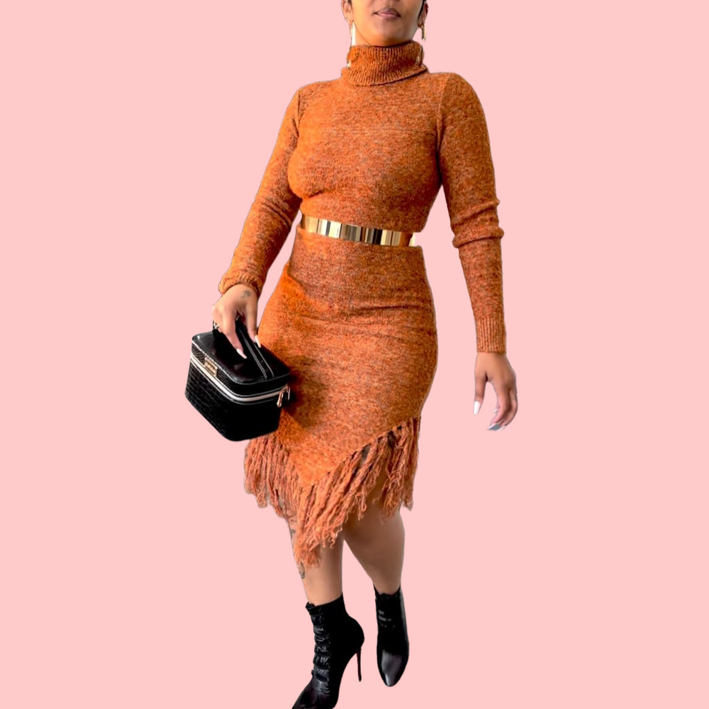 Orange High-Neck Knit Fringe Dress