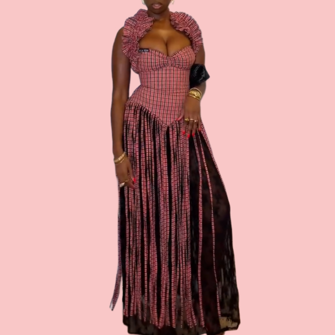 Red Plaid Fringe Halter-Neck Maxi Dress