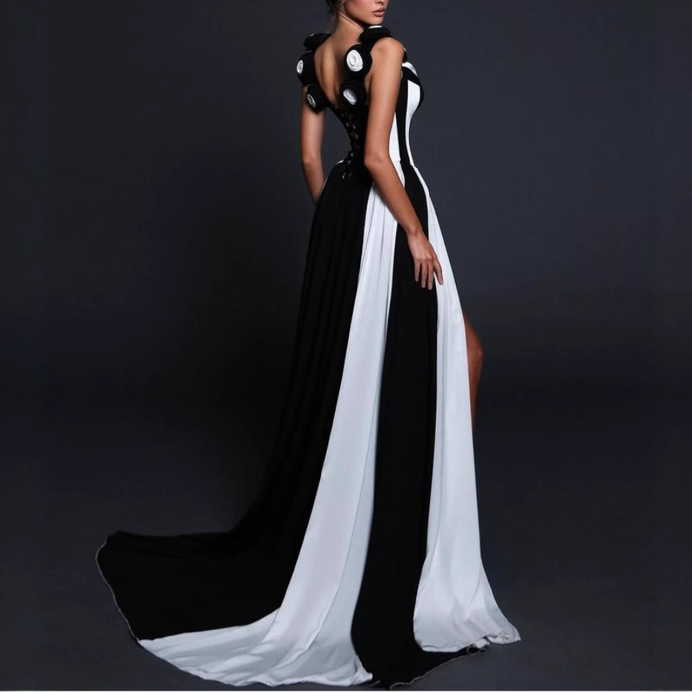 Black and White Colorblocked Floral Split Maxi Dress
