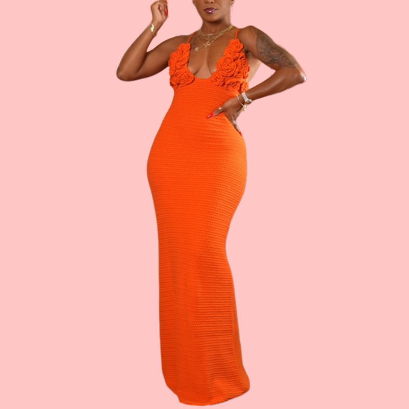 Orange Floral Knitted Strapless Maxi Dress