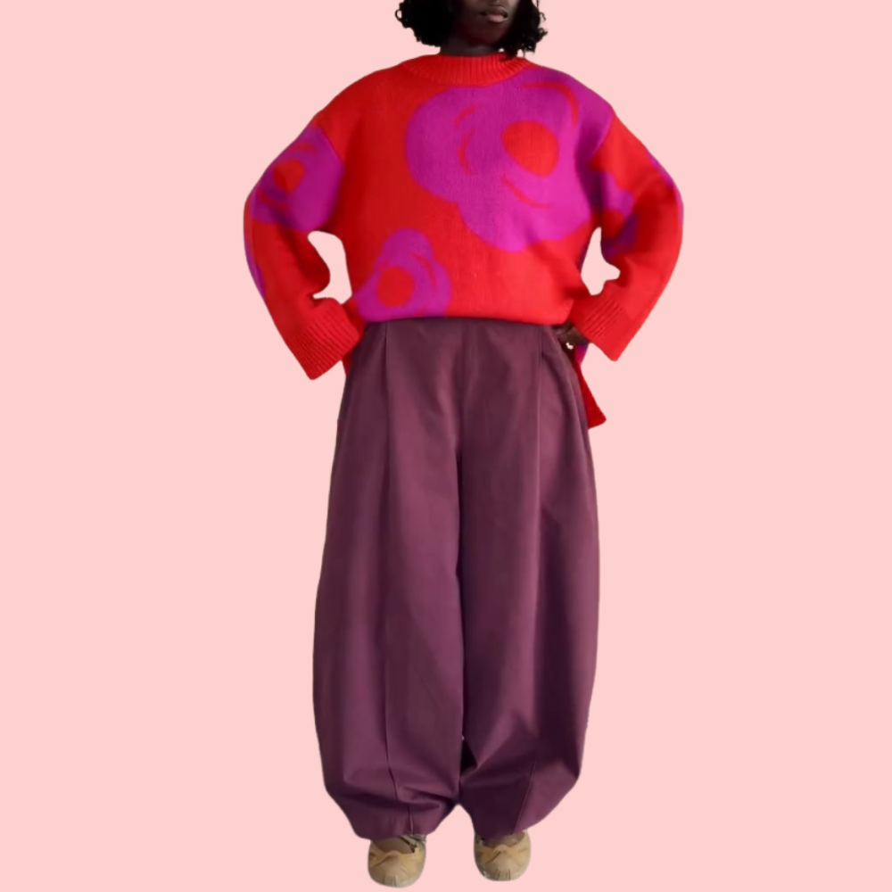 Red Floral Knit Sweater & Purple Wide-Leg Trousers Set