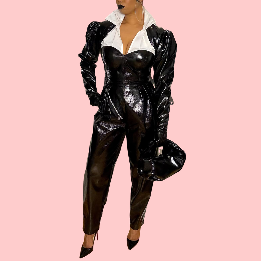 Black Leather Shirt Collar Jumpsuit