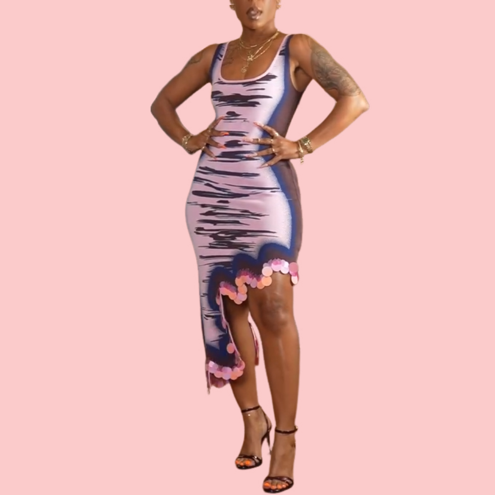 Printed Wavy Sequin Mini Dress