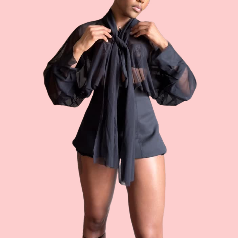 Black Sheer Lace-Up Top & Skirt Set