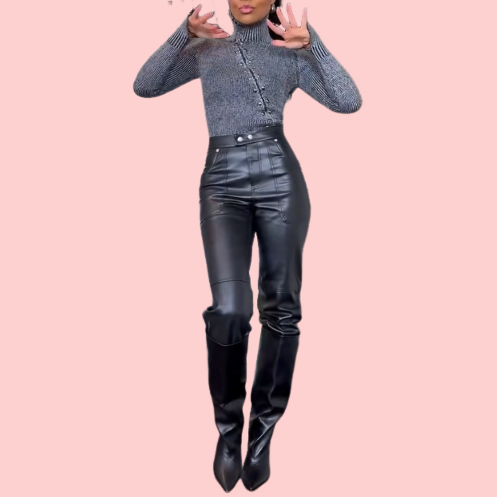 Gray Knit Turtleneck Zipper Sweater & Black Leather Pants Set