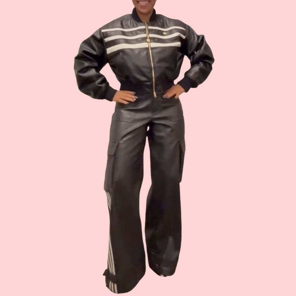 Black Leather Striped Jacket & Leather Pants Set
