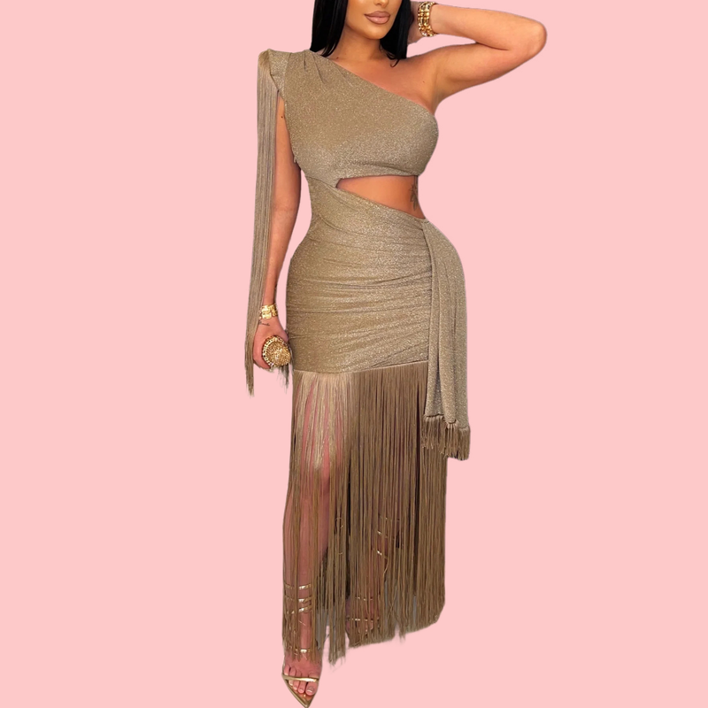 Solid Color Off-Shoulder Cutout Fringe Maxi Dress