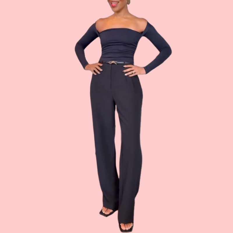 Solid-Color Stretch Off-the-Shoulder Top & Casual Trousers Set