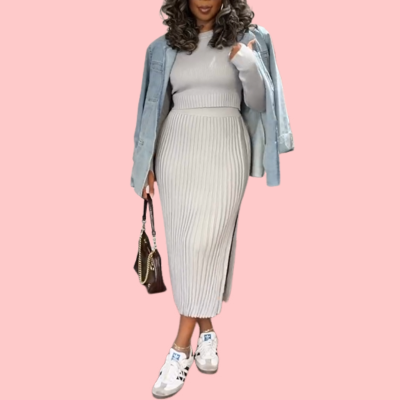 Solid-Color Knit Skirt Suit
