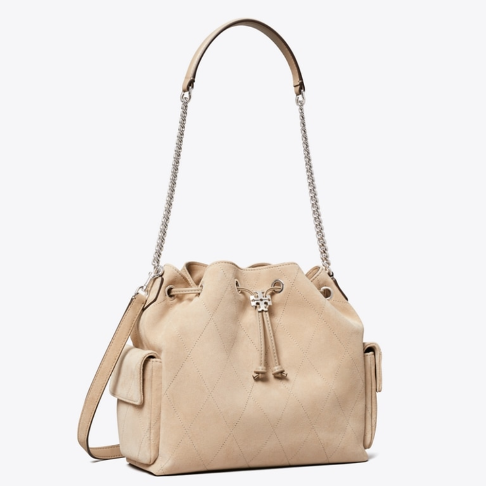 QUILTED SUEDE DRAWSTRING SHOULDER BAG