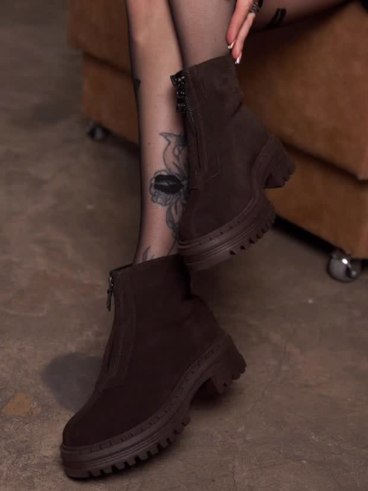 Coffee-Brown Zipper Thick-Soled Boots