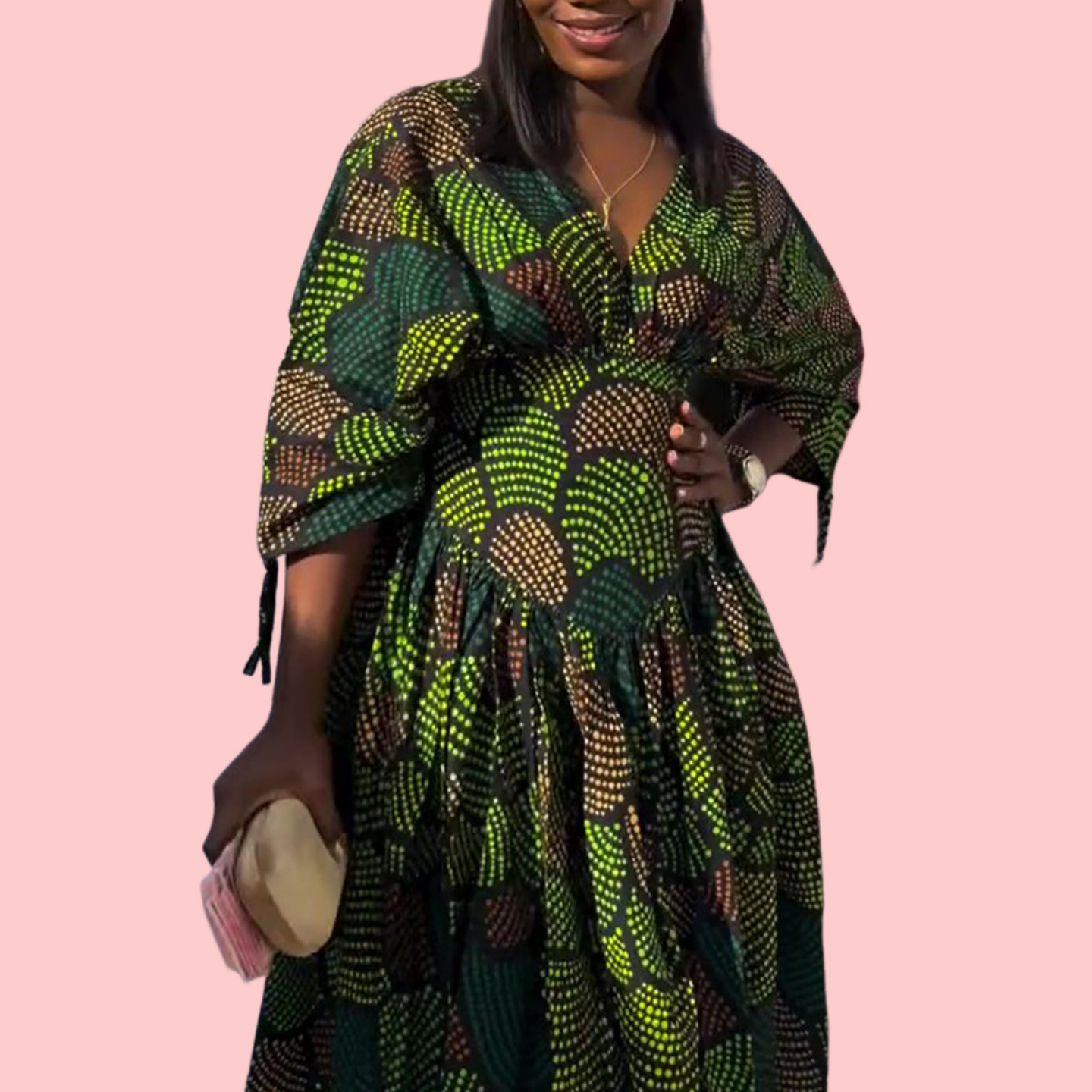 Green Printed V-Neck Puff Sleeve Dress