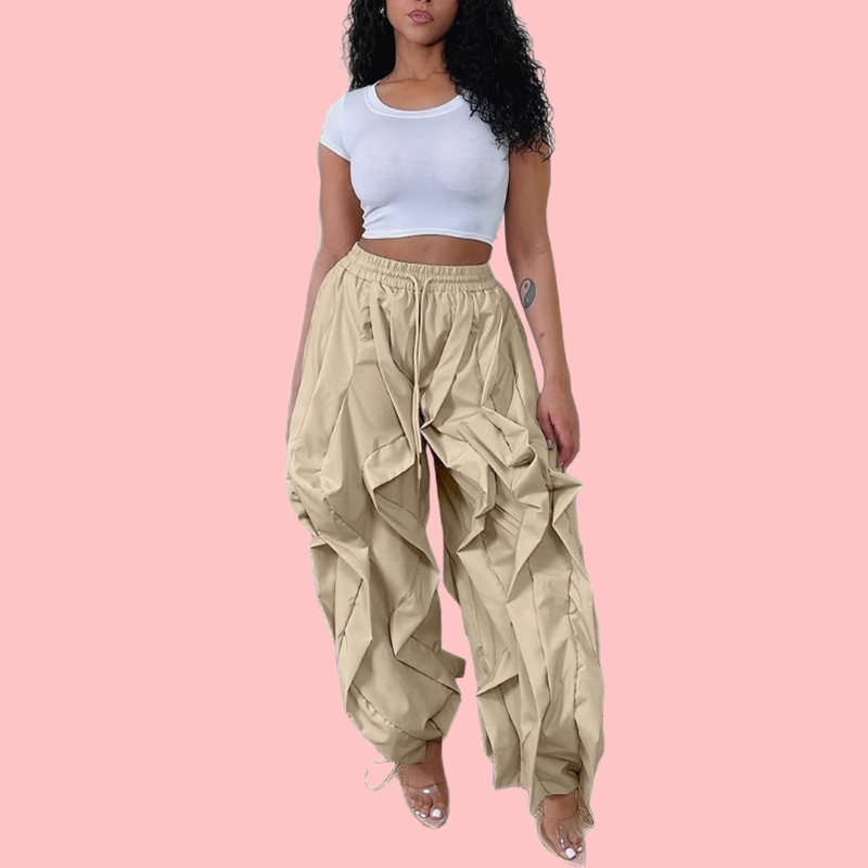 Solid Color Pleated Wave Pants