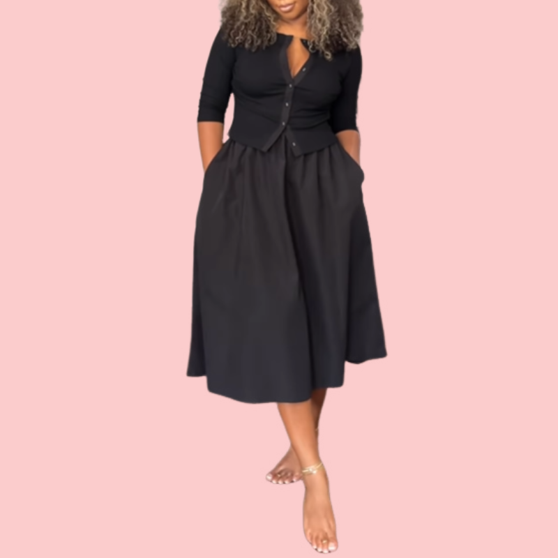 Solid Color Button Down Cardigan & Half Skirt Set