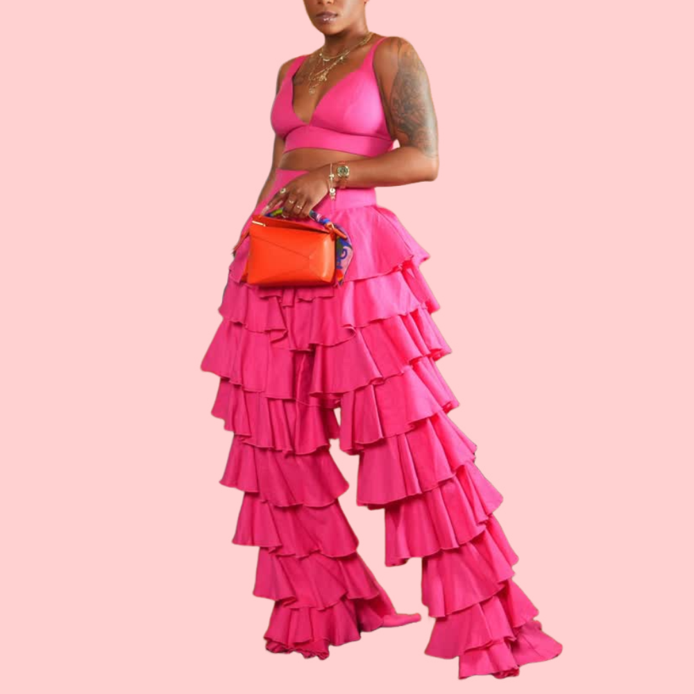 Pink Crop Top & Ruffled Pants Set