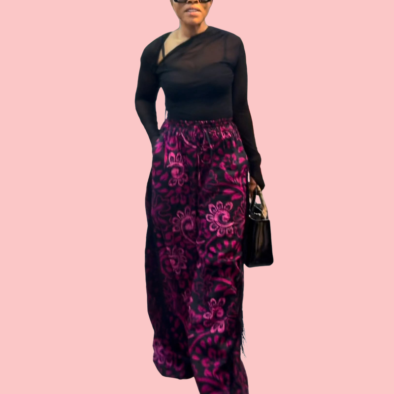 Floral-Patterned Fringe Wide-Leg Pants