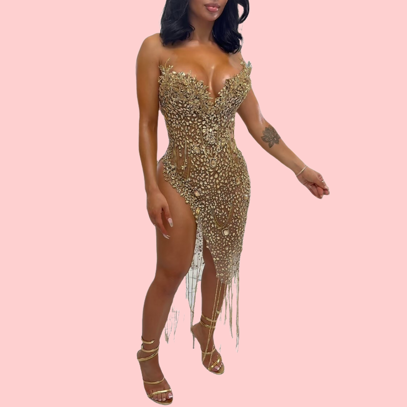 Gold Rhinestone Sheath Dress