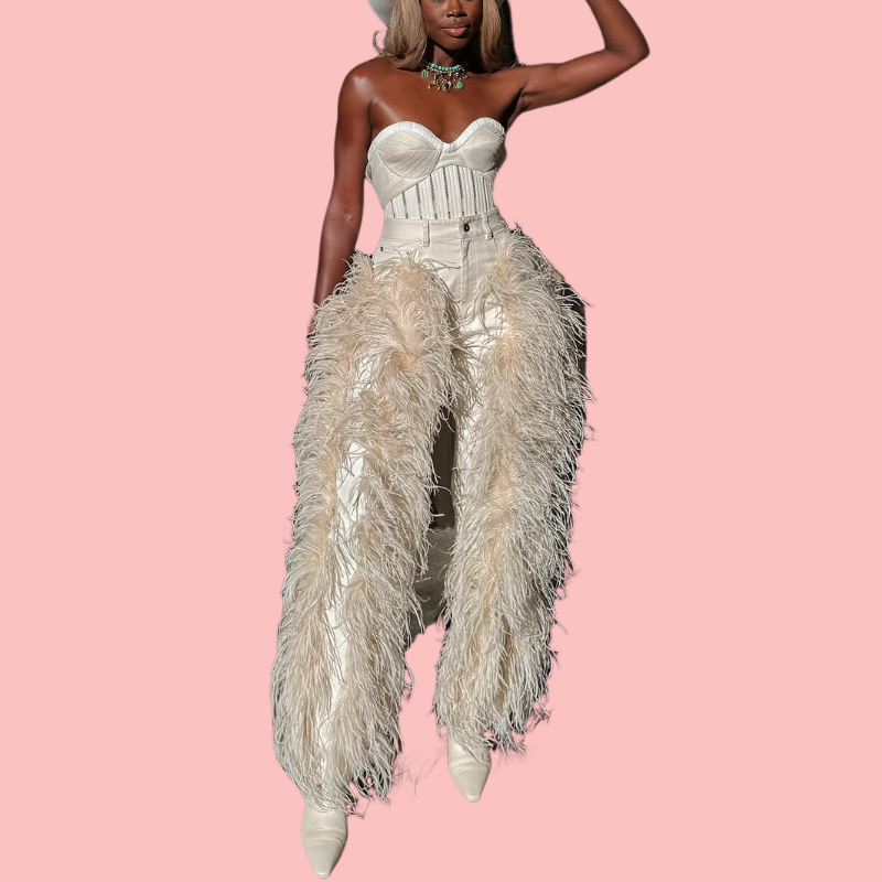 White Sheath Feather Fringe Jumpsuit