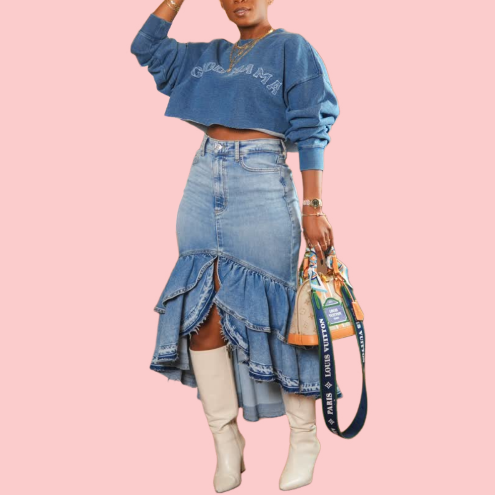 Ruffled Washed Denim Skirt