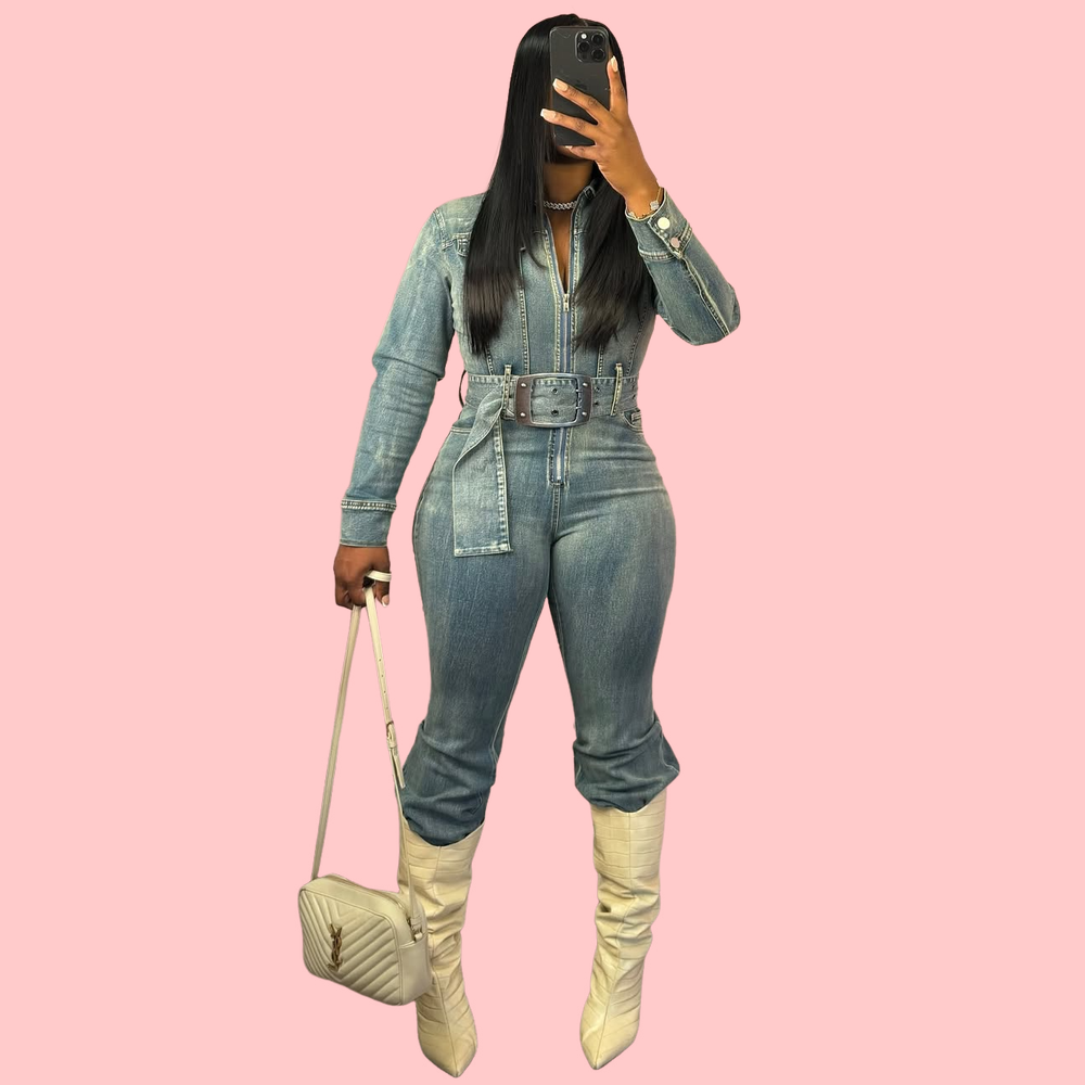 Washed Denim Tie-Front Jumpsuit
