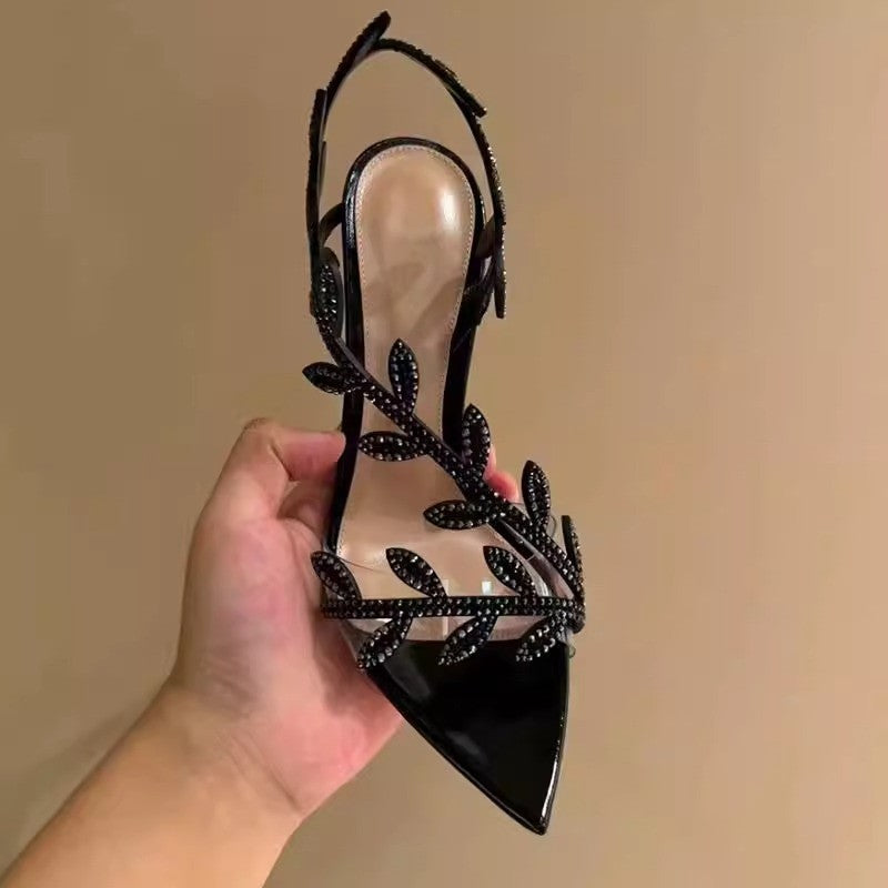 Black Rhinestone Leaf Heeled Sandals