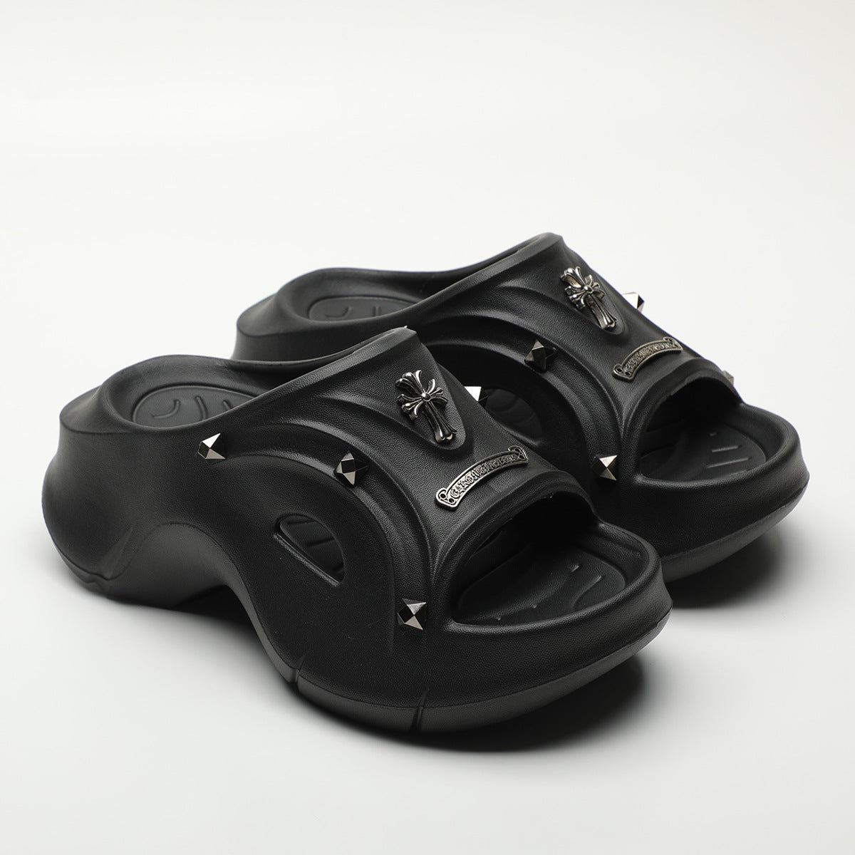 Black Cross Embellished Slippers