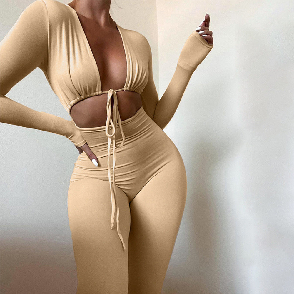 Solid Color Lace-Up Cutout Jumpsuit