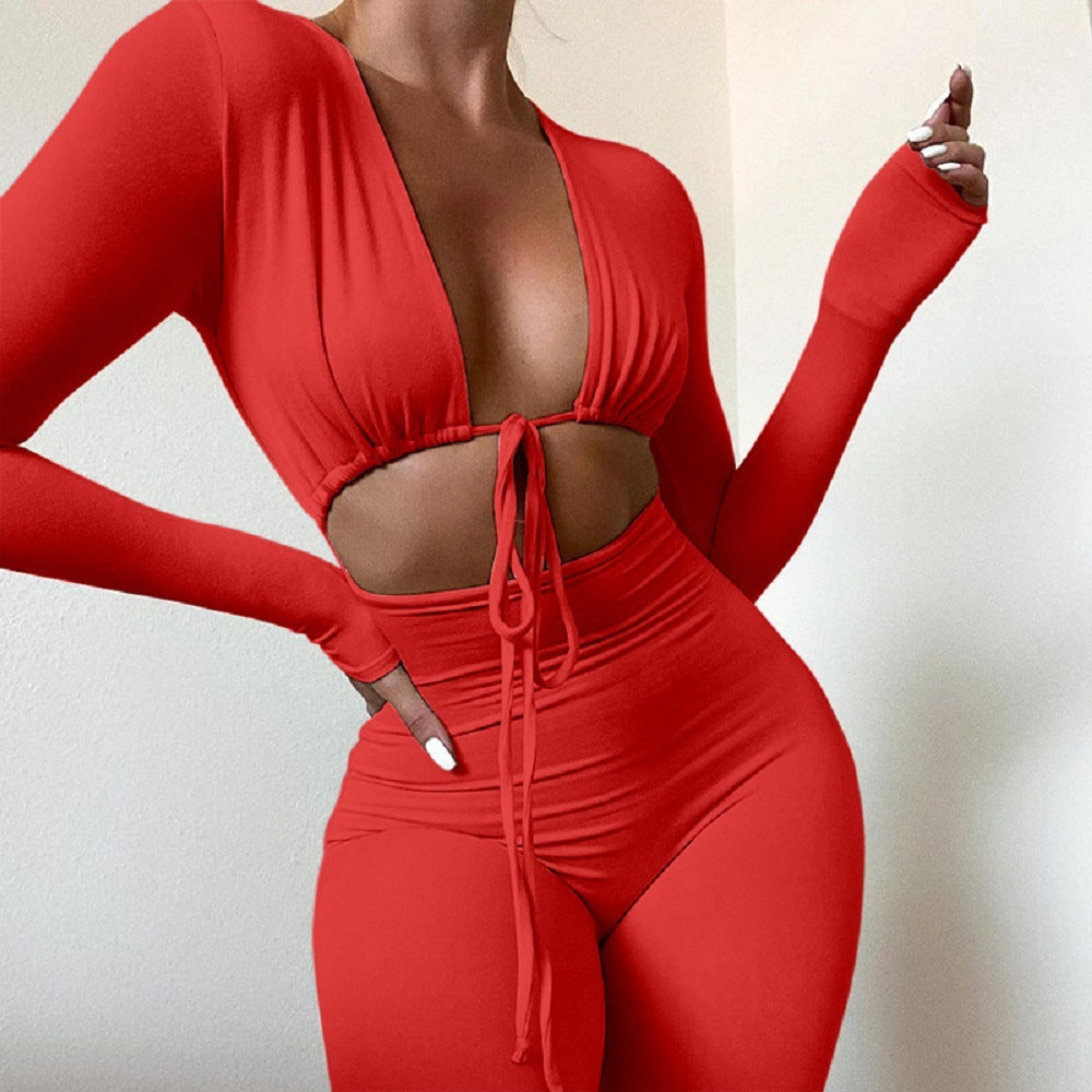 Solid Color Lace-Up Cutout Jumpsuit