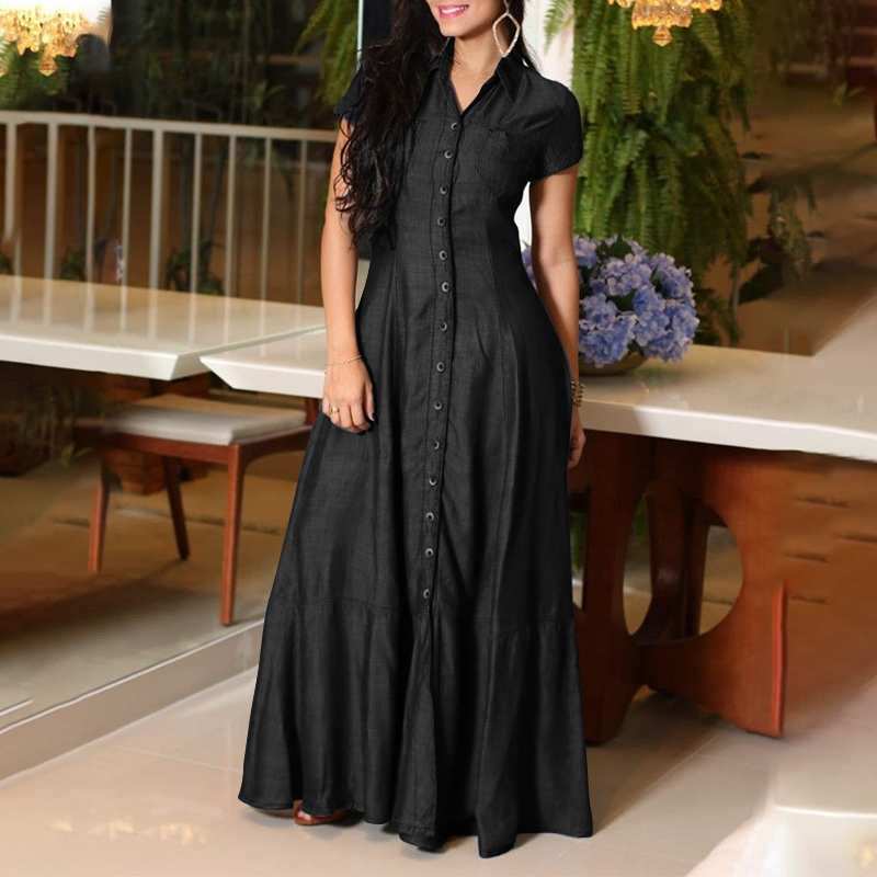 Short Sleeve Shirt Collar Button Down Maxi Dress