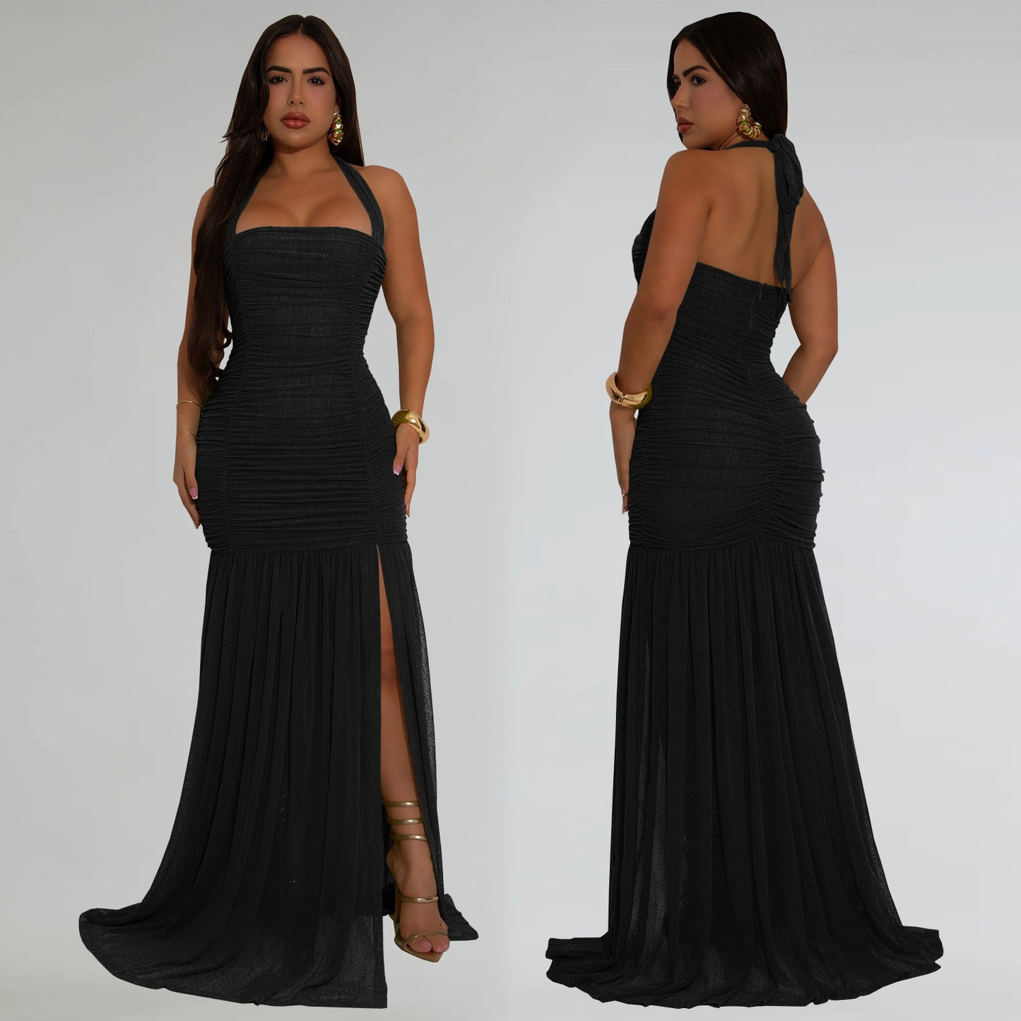Solid Color Mesh Sling Split Maxi Dress