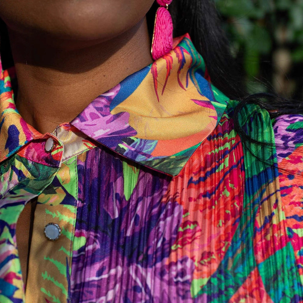 Colorful Floral Print Pleated Shirt & Pants Set