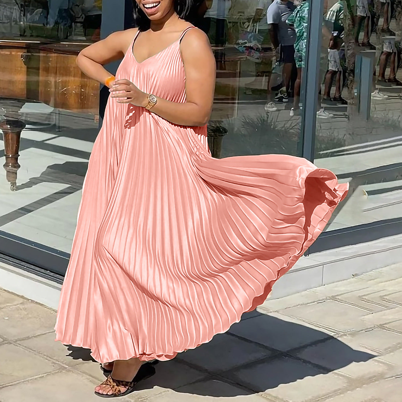Solid Color Pleated Halter Maxi Dress