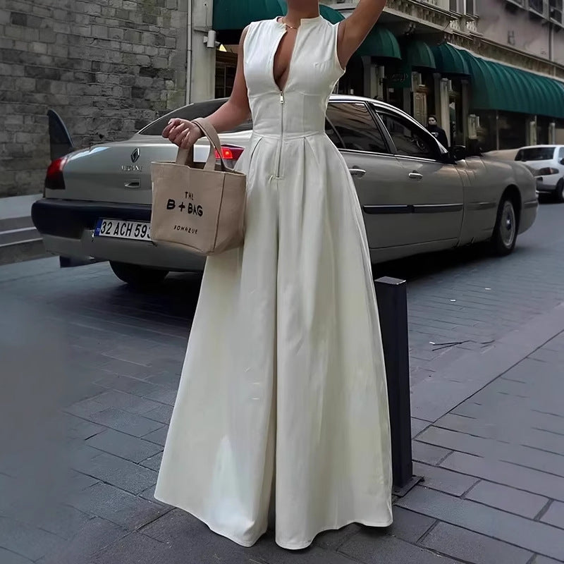 White Sleeveless Half-Zip Jumpsuit