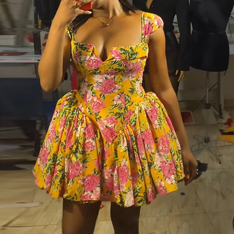 Floral Printed Bubble Sleeve Mini Dress