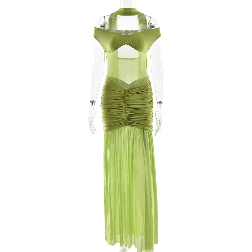 Solid Color Strapless Mesh Split Maxi Dress