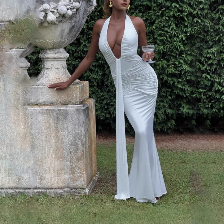 Solid Color V-Neck Ribbon Maxi Dress