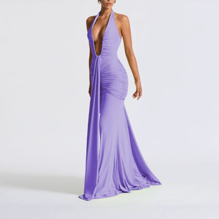 Solid Color V-Neck Ribbon Maxi Dress