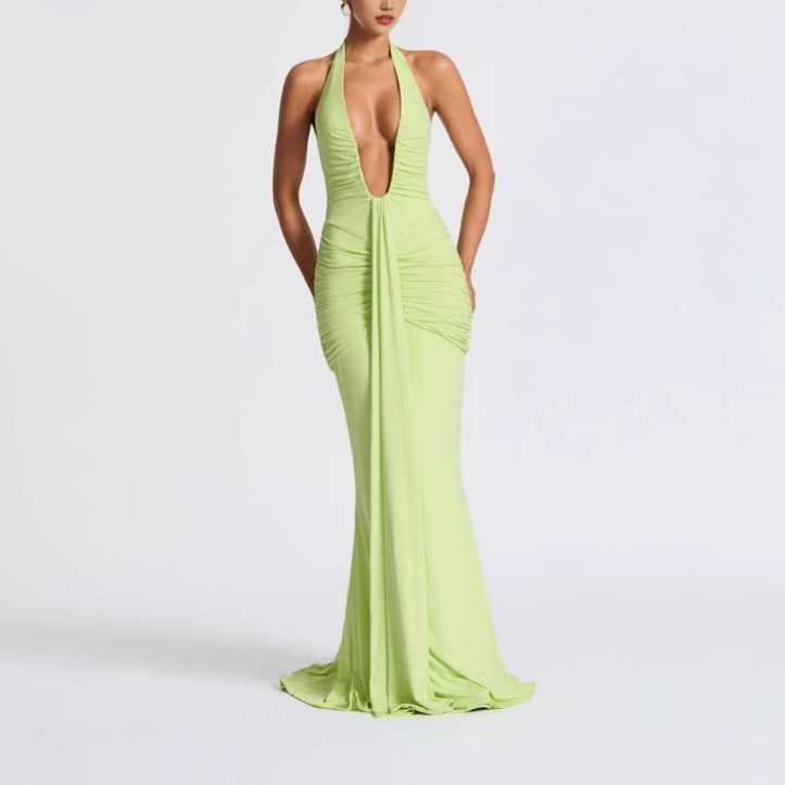 Solid Color V-Neck Ribbon Maxi Dress
