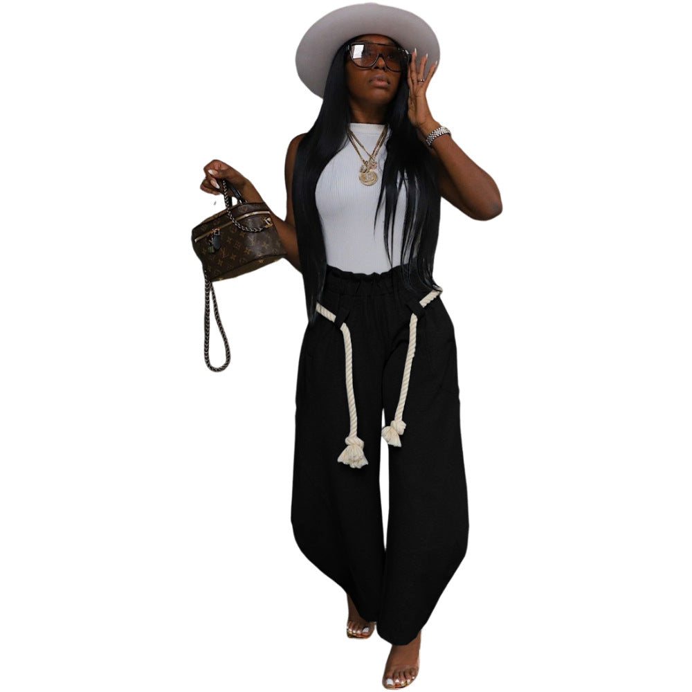 Solid Color Casual Linen Drawstring Pants