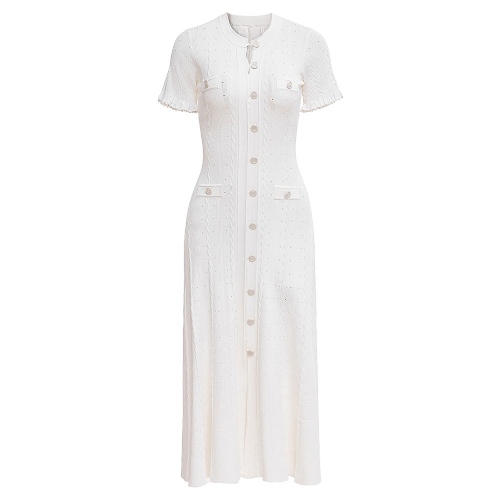 Knitted Button Elegant Short Sleeve Maxi Dress