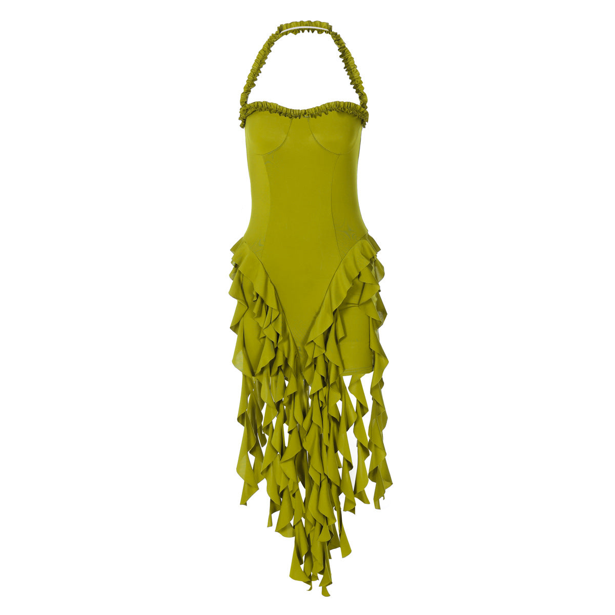 Solid-Color Halter Neck Flutter-Trim Maxi Dress