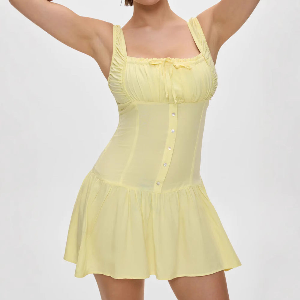 Solid Color Square Neck Single-Button Mini Dress