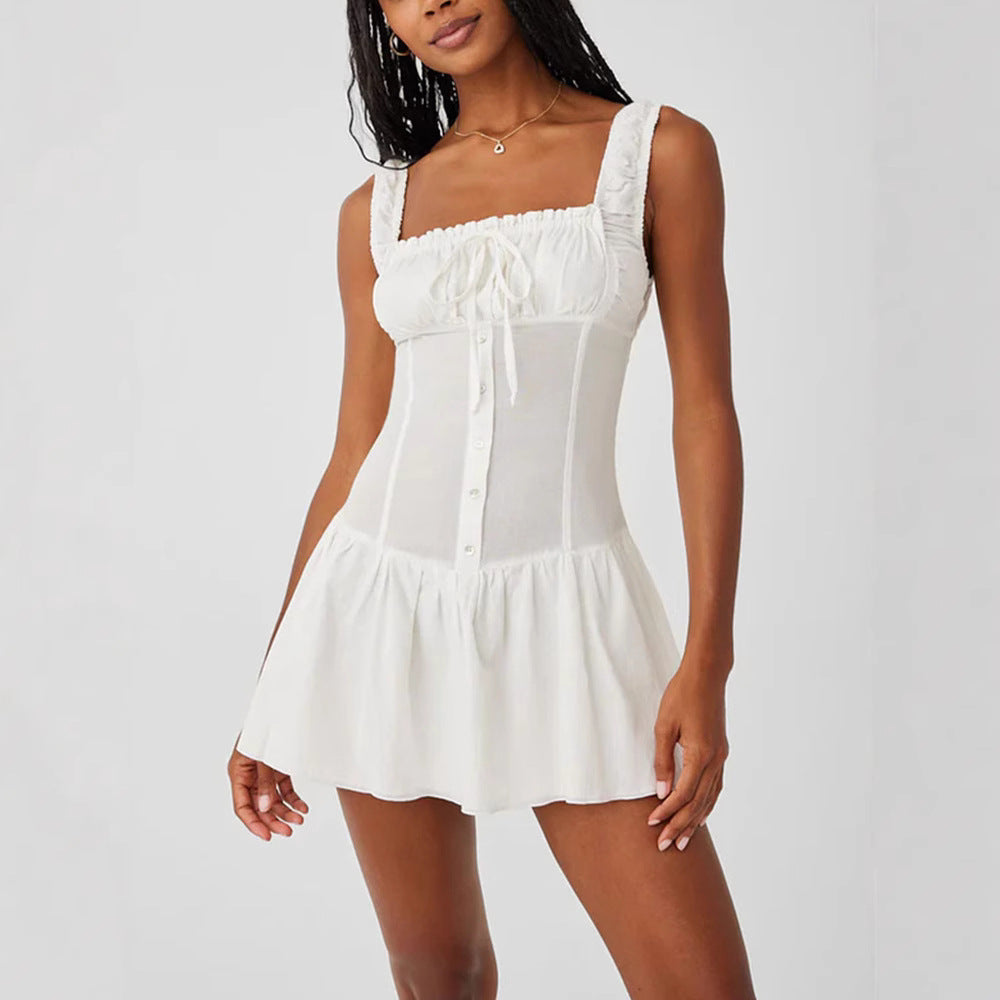 Solid Color Square Neck Single-Button Mini Dress