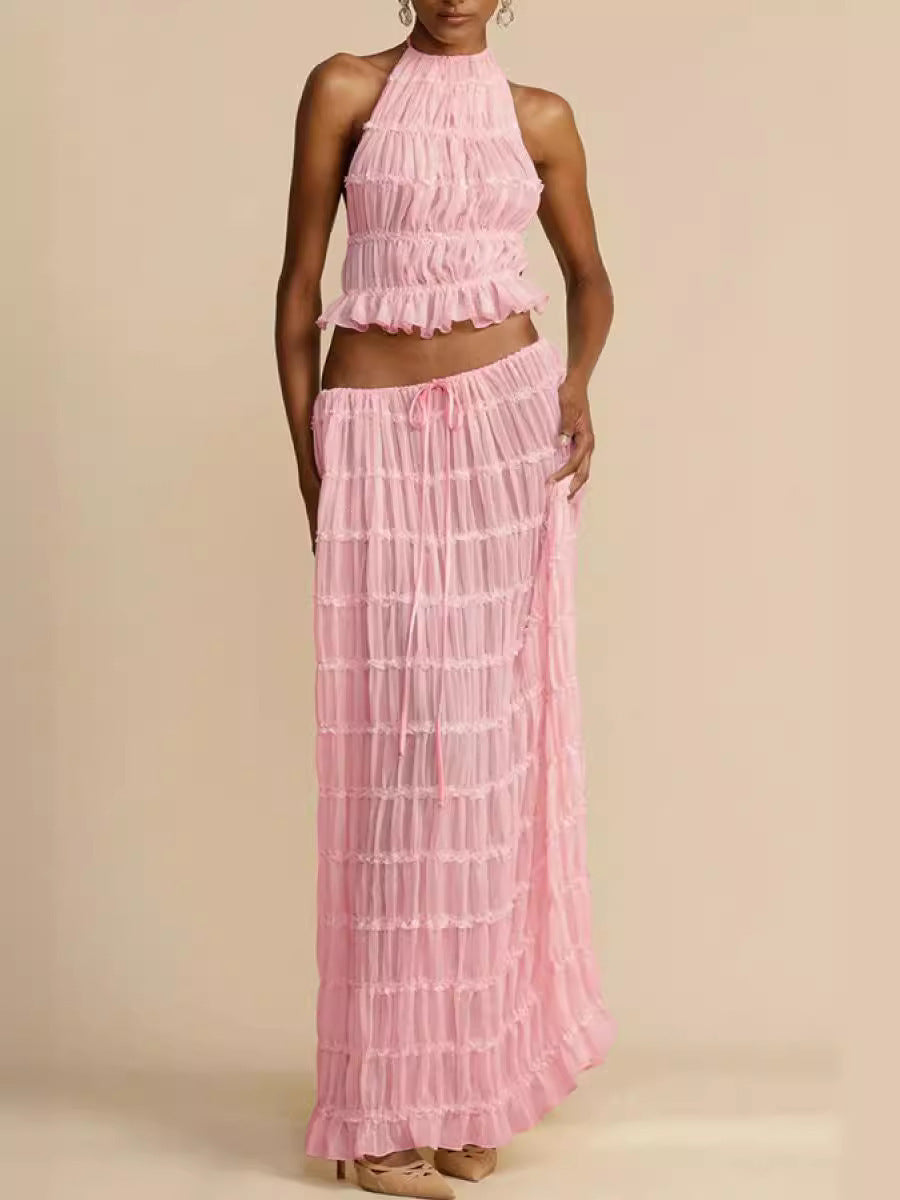 Halter-Neck Ruffled Top & Skirt Set