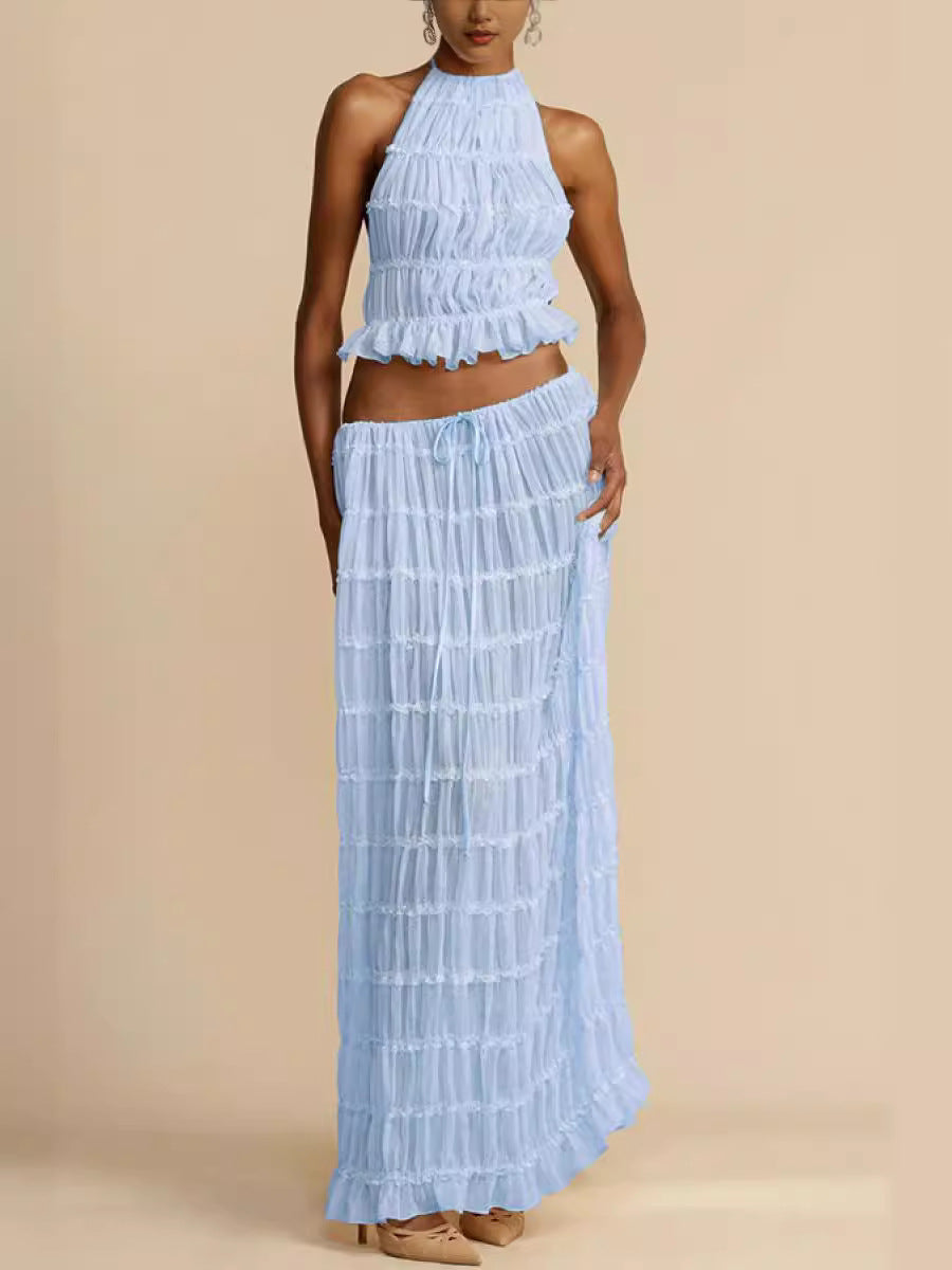 Halter-Neck Ruffled Top & Skirt Set