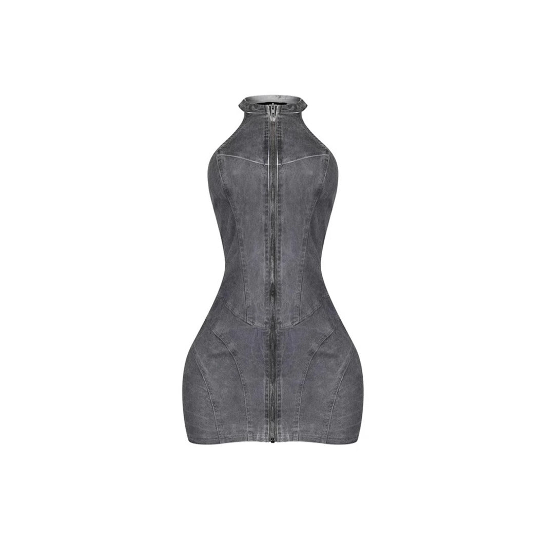 Denim Washed Halter Zip Up Mini Dress