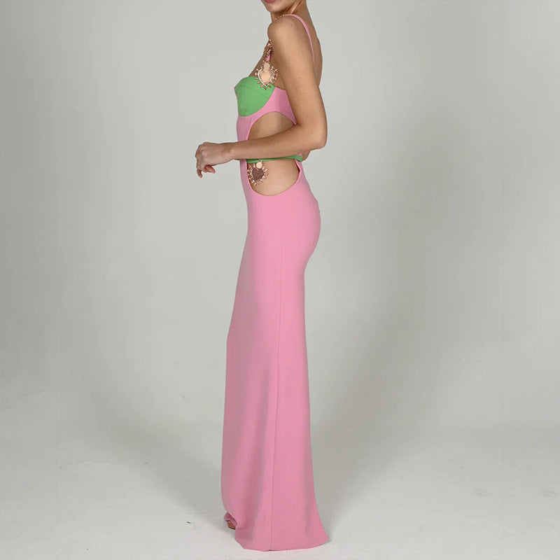 Color-Blocked Cutout Halter-Neck Maxi Dress